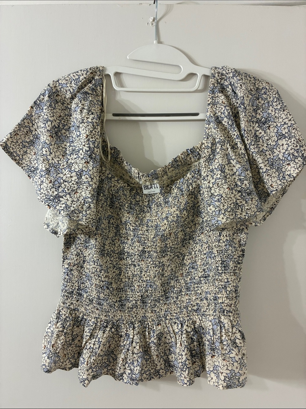 Bila Blue and Cream Floral Smocked Peplum Top